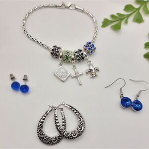 Jewelry Bundle Silvertone Charm Bracelet  Blue and Green & 3 Pair Earrings